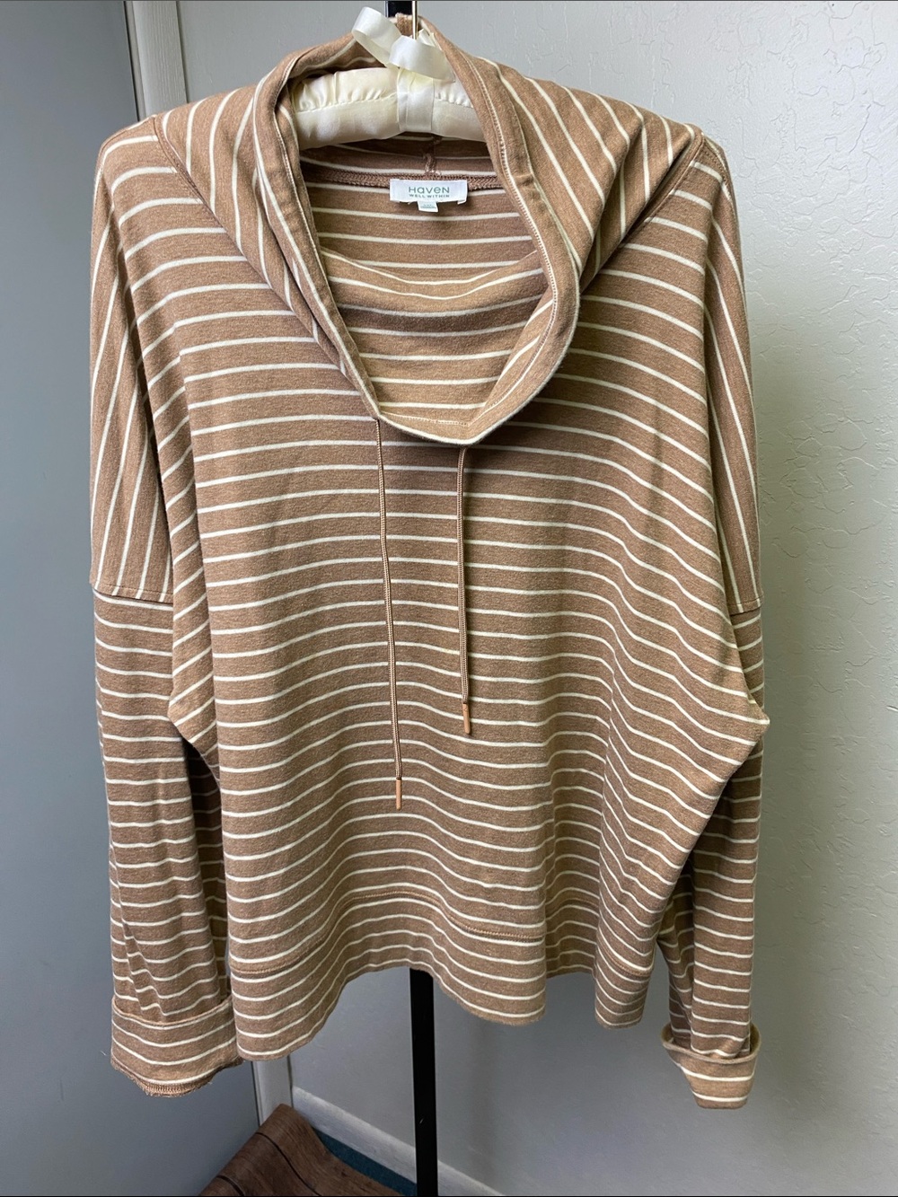Haven Well Within  Stripe Cowl Neck Pullover Sweater - Tan & White XXL